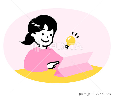 小学生ぐらいの子供(女の子)がタブレットを使って勉強・学習しているイラスト_子どもの塾・ICT教育 122659885