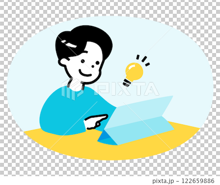 Illustration of a boy studying and learning using a tablet_Children's cram school, ICT education Illustration of a boy studying and learning using a tablet_Children's cram school, ICT education 122659886