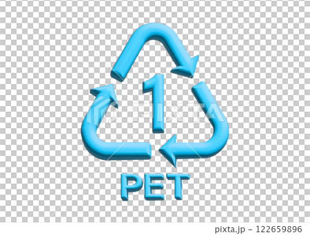 3D illustration of a plastic bottle recycling symbol (blue, light blue, PET1) 122659896