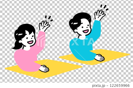 自信に満ちた小学生の男女が、塾の授業で手を上げる挙手のイラスト：学校でも輝く子供たち 122659966
