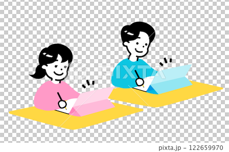 小学生ぐらいの子供(男女)がタブレットとノートに書いて勉強・学習しているイラスト_子どものICT教育 122659970