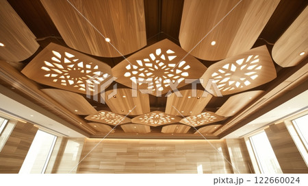 A modern home's stunning ceiling design with plywood panels creates a unique and elegant ambiance. 122660024