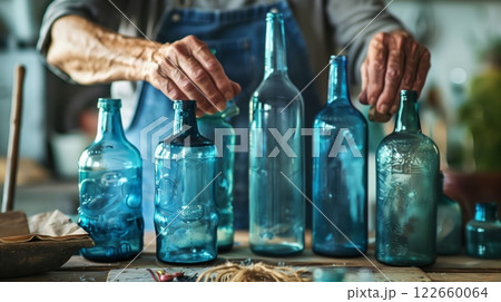 A craftsperson skillfully repurposes old glass bottles into elegant home decor, creating shimmering finishes. 122660064
