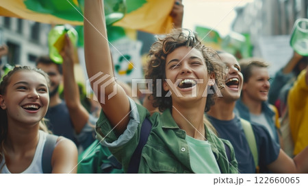 Environmental activists rallied, advocating for glass recycling and a sustainable, eco-friendly future. 122660065