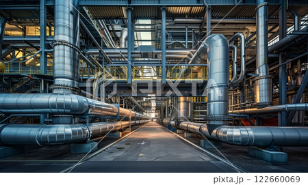 A network of pipes and conveyors sprawls outside a massive warehouse, reflecting stark industrial beauty. 122660069