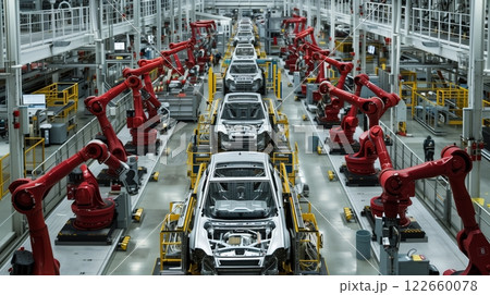 An automotive plant with robotic arms assembles vehicles precisely, ensuring high-quality and efficient production. 122660078