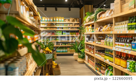 An eco-friendly grocery store offers organic products on wooden shelves, with vibrant plants and sustainable packaging. 122660095