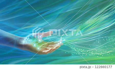 Stylized Su-Jok therapy points on a hand with energy lines, set against a vibrant blue-green background. Stylized Su-Jok therapy points on a hand with energy lines, set against a vibrant blue-green background. 122660177