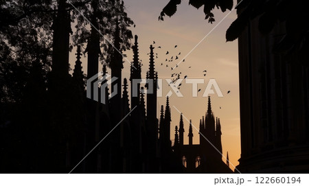 The grand library's silhouette, with towering columns, stands majestically against the twilight sky. The grand library's silhouette, with towering columns, stands majestically against the twilight sky. 122660194