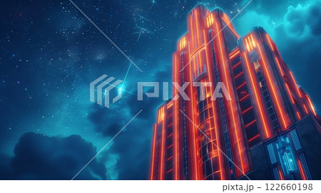 Art Deco buildings with neon trims stand against a star-studded midnight blue sky, capturing timeless elegance. 122660198