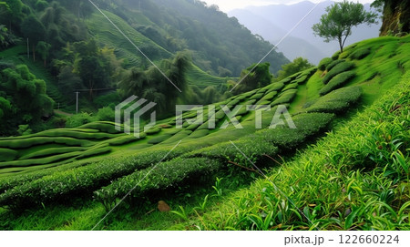 A lush tea plantation blankets the mountainside, with neatly arranged bushes following the slope's contours. 122660224