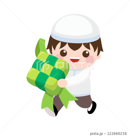 Cute boy with big ketupat Indonesian traditional food 122660238