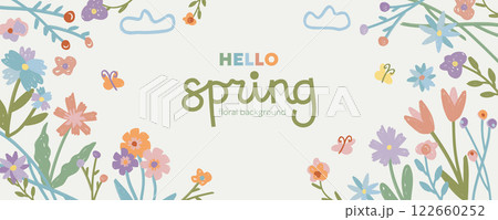 Hello Spring background with hand drawn doodle flowers. Colorful floral banner, backdrop with flower elements, crayon pencil child drawings. Spring summer bright design template for cover, promo, ads. 122660252