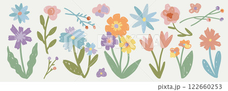 Set of colorful hand drawn flowers in doodle style. Collection of cute floral elements, crayon pencil child drawings. Decoration for spring, summer designs, posters, banners, greeting cards. 122660253