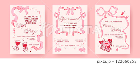 Collection of birthday invitations in coquette style. Aesthetic vintage templates with ribbon frames, bows, and decorative elements. Cute stylish girly party invitation designs for print or web use. 122660255