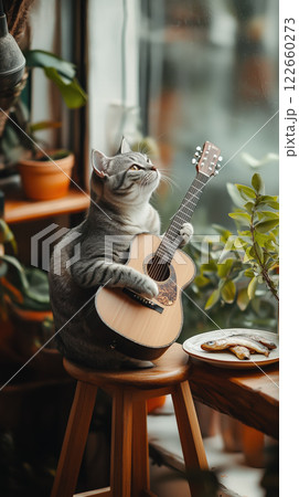 grey cat playing guitar in cozy indoor setting with plants grey cat playing guitar in cozy indoor setting with plants 122660273