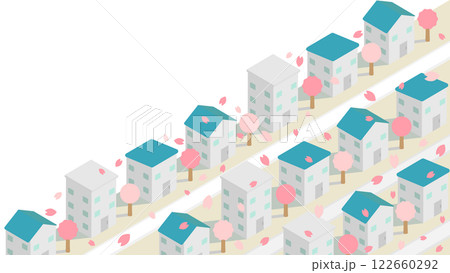 コピースペースのあるアイソメトリックな桜の花びらが舞う桜の木のある住宅街のイメージ素材 122660292