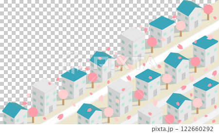 コピースペースのあるアイソメトリックな桜の花びらが舞う桜の木のある住宅街のイメージ素材 122660292