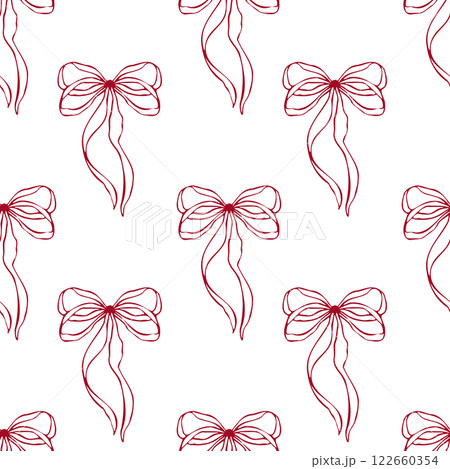 Seamless pattern with vector bows. Minimalist red outline linear trendy sketch style. illustration for fashion, textile, packaging, digital prints, invitation, scrapbooking, logo Seamless pattern with vector bows. Minimalist red outline linear trendy sketch style. illustration for fashion, textile, packaging, digital prints, invitation, scrapbooking, logo 122660354
