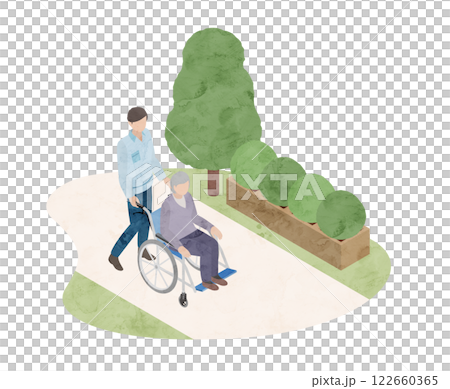 Watercolor style isometric landscape of a senior sitting in a wheelchair and a care staff member, illustration 122660365