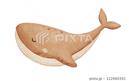 Cute whale, sea animal character in neutral colors, watercolor hand drawn isolated illustration for kids 122660381