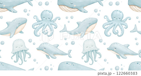 Seamless pattern with cute baby whale, sea animals, watercolor hand drawn isolated repeating design on white for kids 122660383