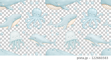 Seamless pattern with cute baby whale, sea animals, watercolor hand drawn isolated repeating design on white for kids 122660383