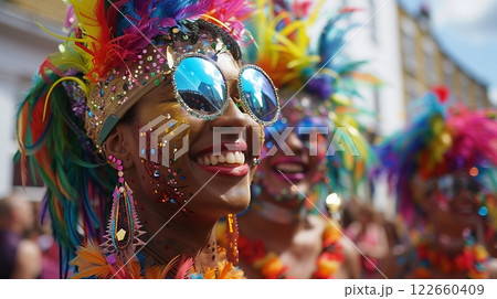 Notting Hill Carnival in London features vibrant costumes, lively music, and delectable street food, celebrating cultural diversity. 122660409