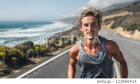 An athlete trains on a scenic coastal road, determined, as ocean waves crash, creating an inspiring backdrop. An athlete trains on a scenic coastal road, determined, as ocean waves crash, creating an inspiring backdrop. 122660414