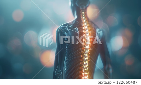 Visual aid of spinal health showing spine issues like herniated discs and nerve compression. 122660487