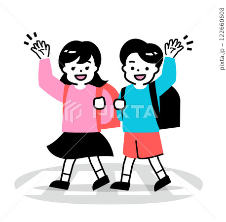 友達と一緒に交通安全:横断歩道で手を上げる笑顔の子供たちのかわいい小学生登校イラスト 友達と一緒に交通安全:横断歩道で手を上げる笑顔の子供たちのかわいい小学生登校イラスト 122660608