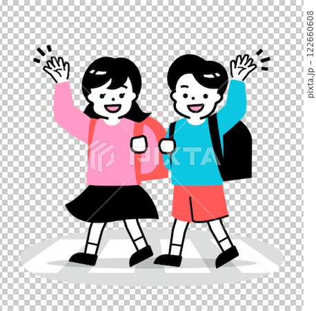 友達と一緒に交通安全:横断歩道で手を上げる笑顔の子供たちのかわいい小学生登校イラスト 友達と一緒に交通安全:横断歩道で手を上げる笑顔の子供たちのかわいい小学生登校イラスト 122660608