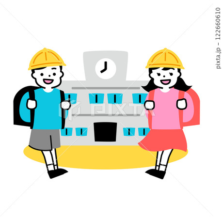 ランドセルと夢を背負って_入学式の新1年生の小学生の子供たち、小学校で新入生として新学期をスタート ランドセルと夢を背負って_入学式の新1年生の小学生の子供たち、小学校で新入生として新学期をスタート 122660610