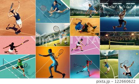 Tennis intensity. Athletes in powerful action in various courts, playing with determination. Precision, and endurance 122660622
