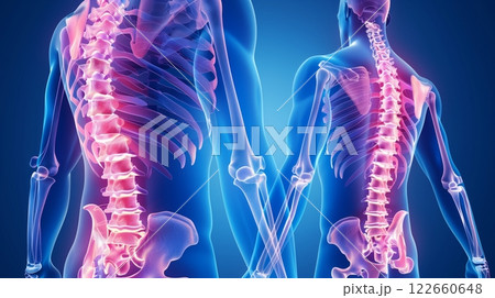 Illustration compares a healthy spine to an injured spine in an individual with back pain, aiding understanding. 122660648