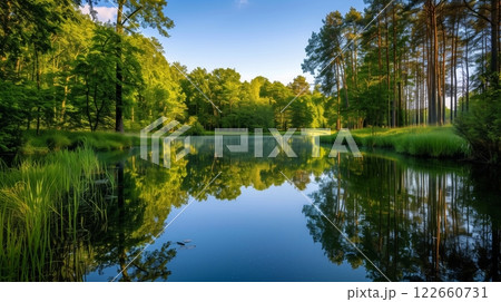 A serene pond, encircled by towering trees, symbolizes the tranquility of retirement - a haven for peace. 122660731