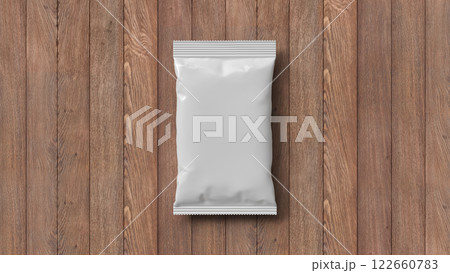 White Foil Package Mock up for Copy Space with Wood Background. 3D Rendering White Foil Package Mock up for Copy Space with Wood Background. 3D Rendering 122660783