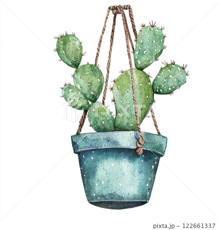 vibrant hanging cactus in blue pot, showcasing its unique shape and texture, adds touch of nature to any space 122661337