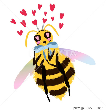 Fluffy and romantic Bee character with rainbow-tinted wings flying with hearts. Cute and expressive cartoon Bee. Whimsical and stylized isolated vector illustration 122661853