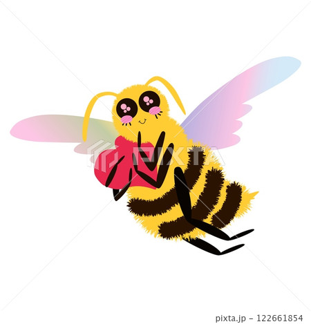 Fluffy Bee character with colorful wings flying and holding big heart. Romantic and cute cartoon Bee vector illustrations. Isolated Fluffy Bee character with colorful wings flying and holding big heart. Romantic and cute cartoon Bee vector illustrations. Isolated 122661854