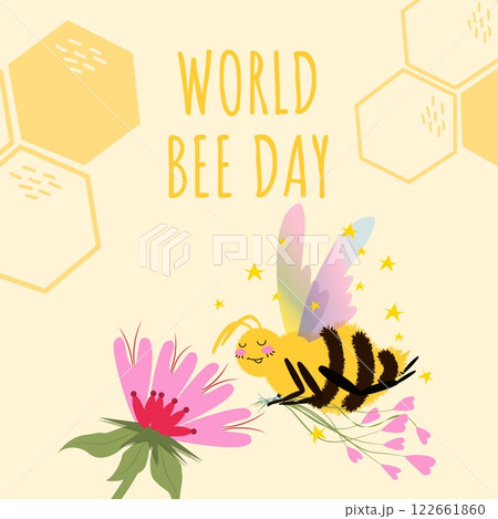 World Bee Day vector illustration with cute bee, flower, honeycomb. Square template concept for banner, poster, web, flier World Bee Day vector illustration with cute bee, flower, honeycomb. Square template concept for banner, poster, web, flier 122661860