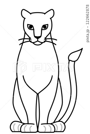正面を向いたライオンのシンプルな線画、メス 122662878