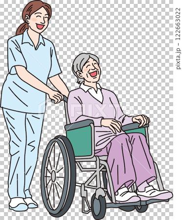 介護イラスト _笑顔の介護士と車椅子に乗った高齢女性_カラー 介護イラスト _笑顔の介護士と車椅子に乗った高齢女性_カラー 122663022