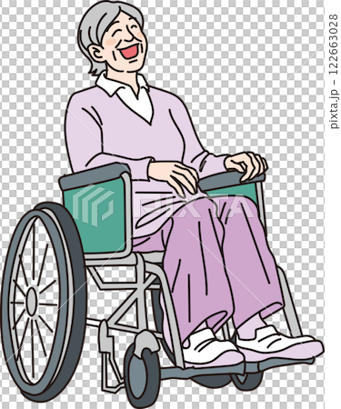Nursing care illustration _ Smiling elderly woman in a wheelchair _ Color Nursing care illustration _ Smiling elderly woman in a wheelchair _ Color 122663028