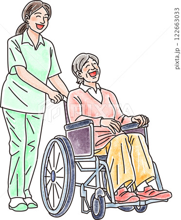 女性介護士と車椅子に乗った高齢女性_手書き風 122663033