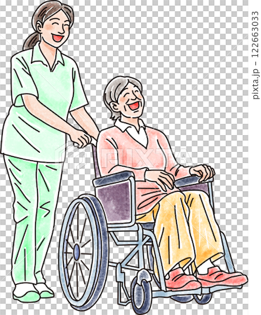女性介護士と車椅子に乗った高齢女性_手書き風 122663033