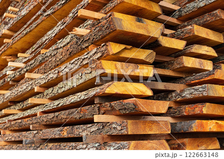 Wood timber stack of wooden blanks construction material. Sawn logs stacked in a pile at the sawmill 122663148