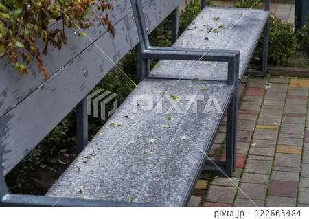 A tranquil winter bench, dusted with fresh snow, offers a peaceful spot among greenery and paving stones; nature's elegance on a cold day 122663484