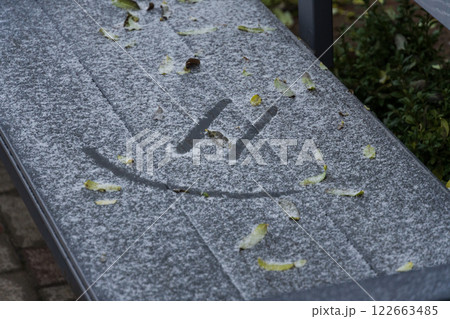 A weathered bench, coated in a delicate layer of snow, invites calm winter moments, with playful leaves scattered about to brighten the scene 122663485