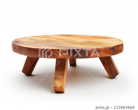 Round wooden coffee table isolated 122663668